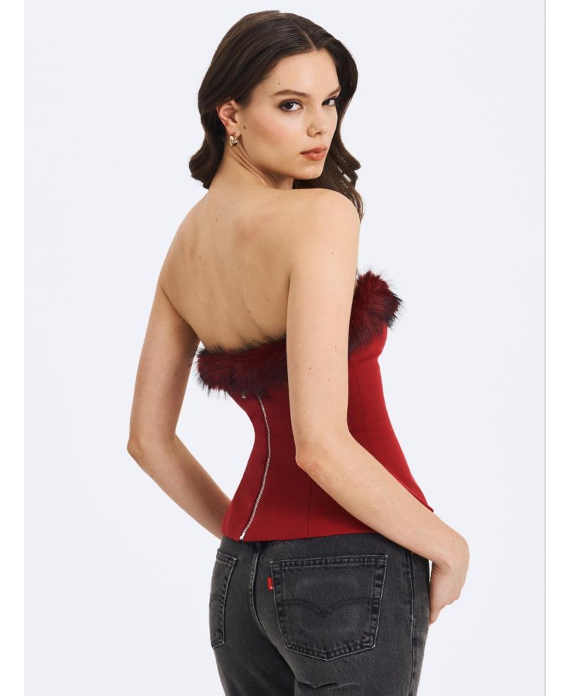 Women's Ivette Crimson Fur-Trimmed Peplum Top