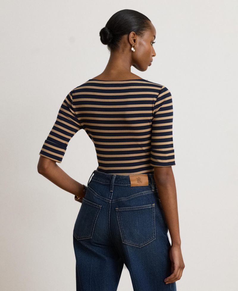 Petite Striped Stretch Cotton Boat Neck Top