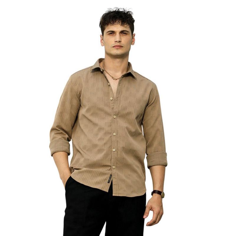 Men's Ash Brown Grid-Check Tactile Shirt