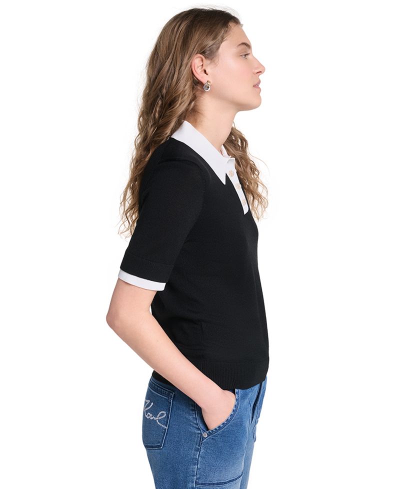 Petite Short-Sleeve Contrast Collar Sweater
