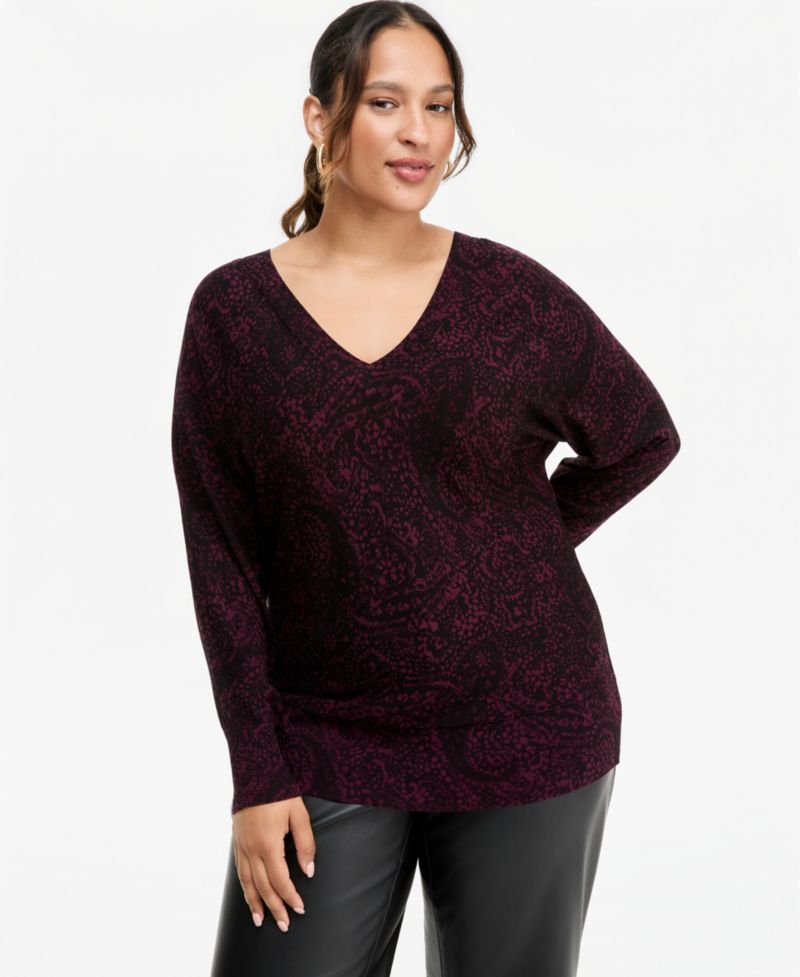 Plus Size Paisley V-Neck Long-Sleeve Sweater