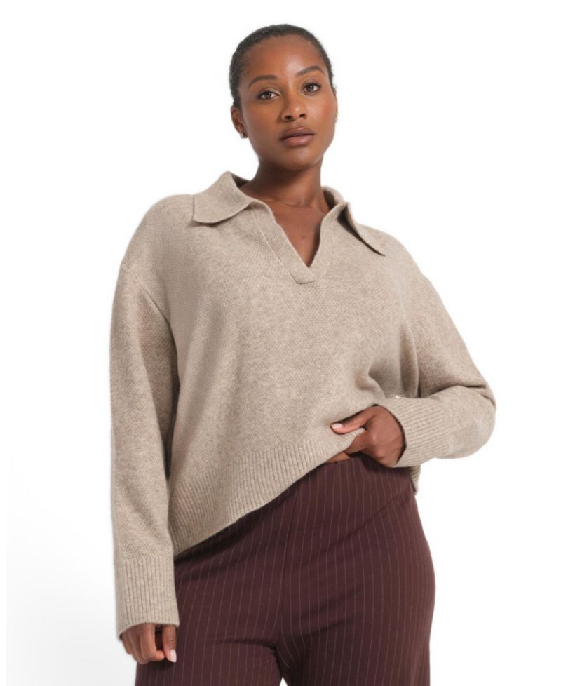 Plus Size Nellie Relaxed-Fit Collared V-Neck Acrylic/Wool-Blend Sweater