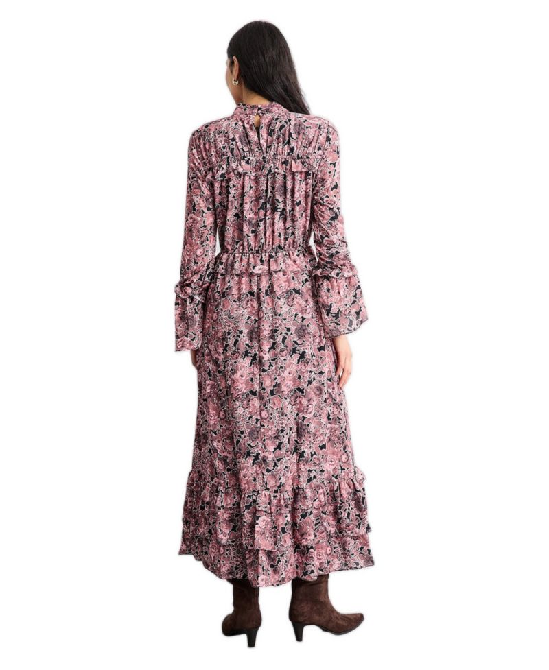 Women's Chiffon Shirred High Neck Midi Dress
