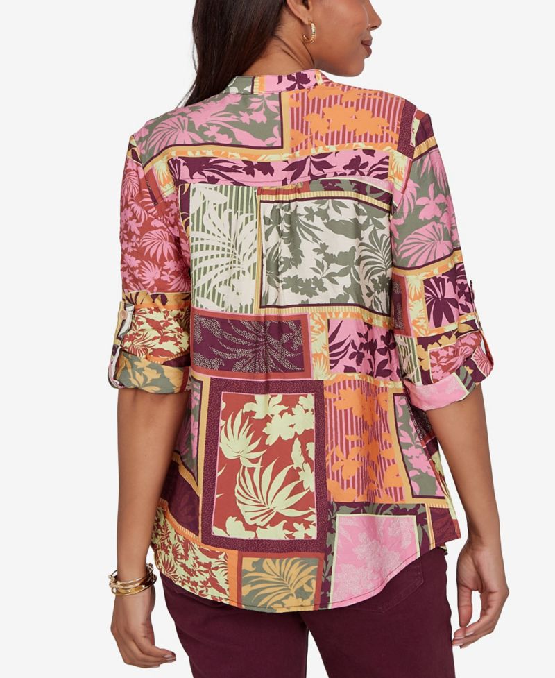 Petite Tropical Patchwork Voile Button-Front Top