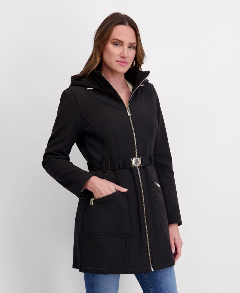 Women's Hooded, Metal Buckle Belted Softshell with Embossed Panels