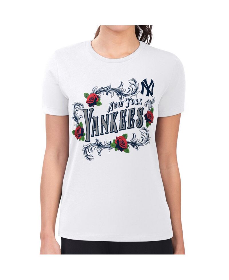 Women's White New York Yankees Retro Roses Fitted T-Shirt