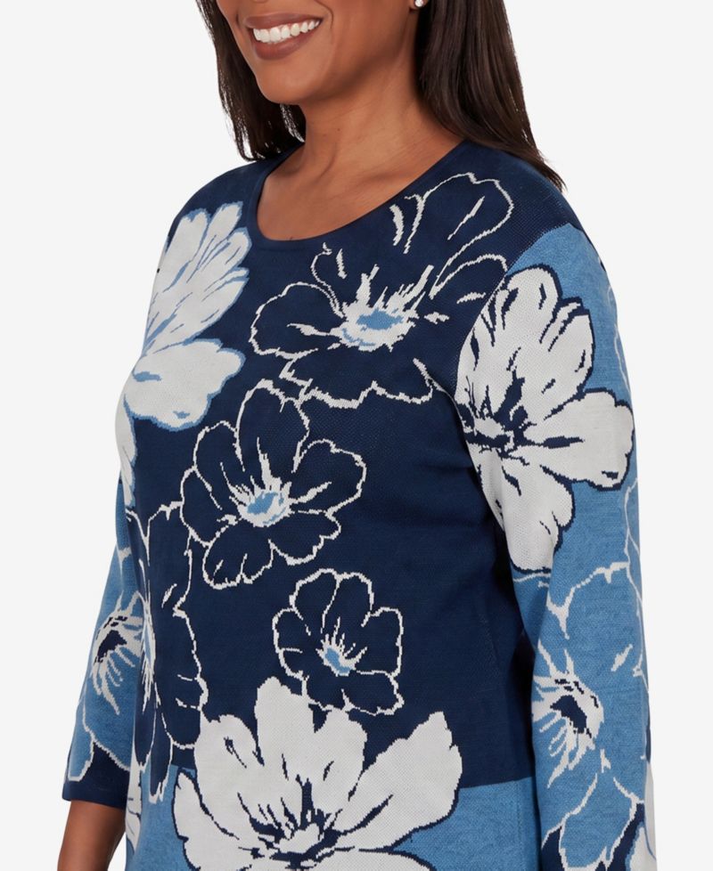 Petite Floral-Print 3/4-Sleeve Crewneck Sweater
