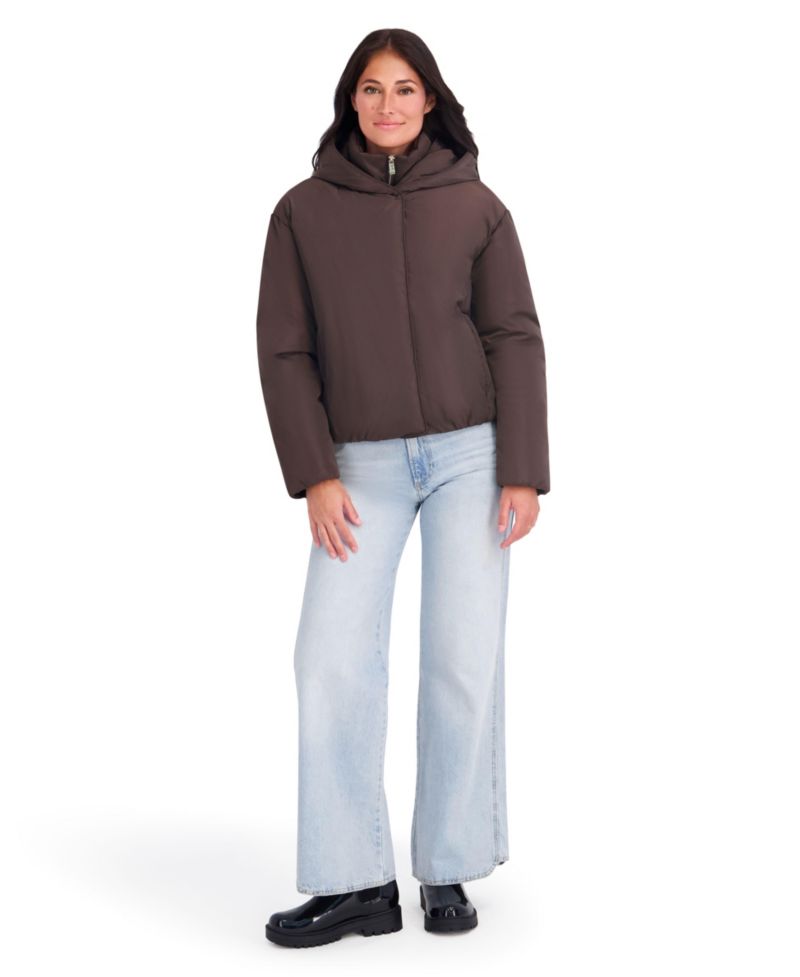 Women's Memory Fabric Puffer Jacket With Attached Hood And Stand Collar