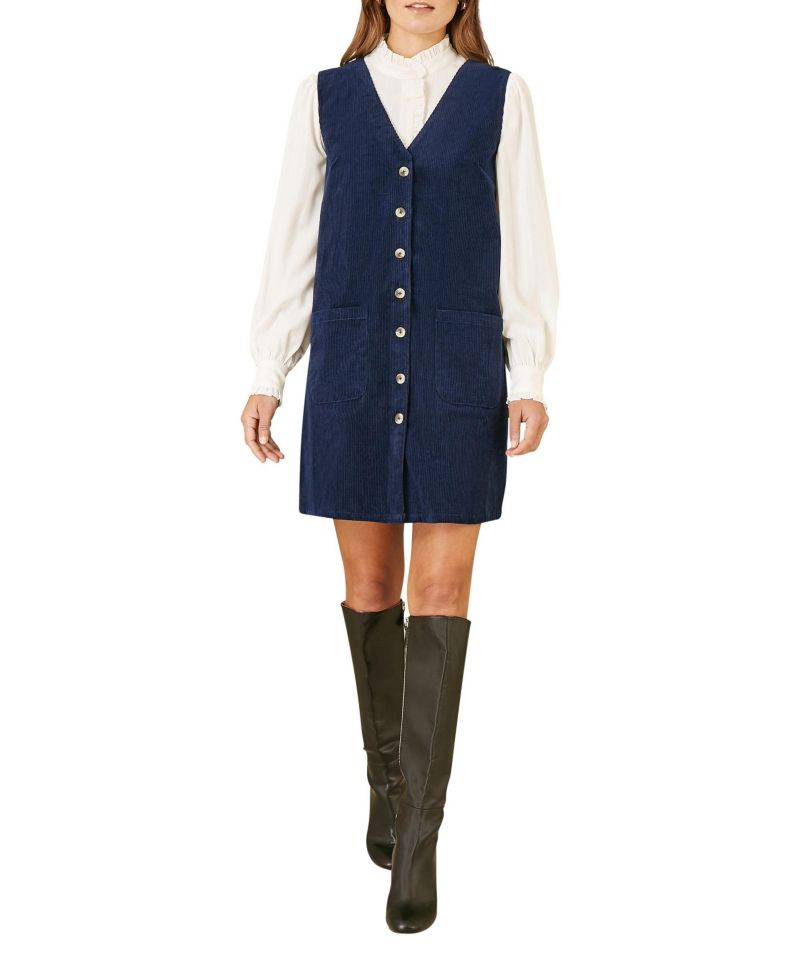 Women's V-Neck Cord Pinafore Dress