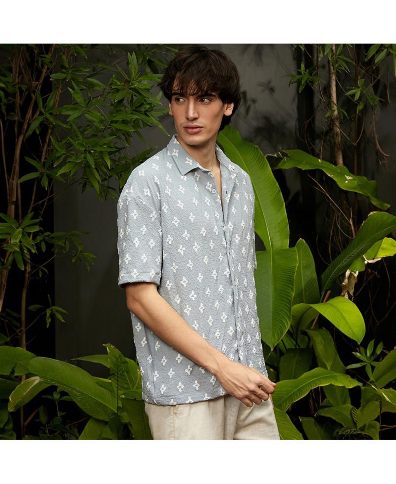 Men's Baby Blue Floral-Tactile Oversized Shirt