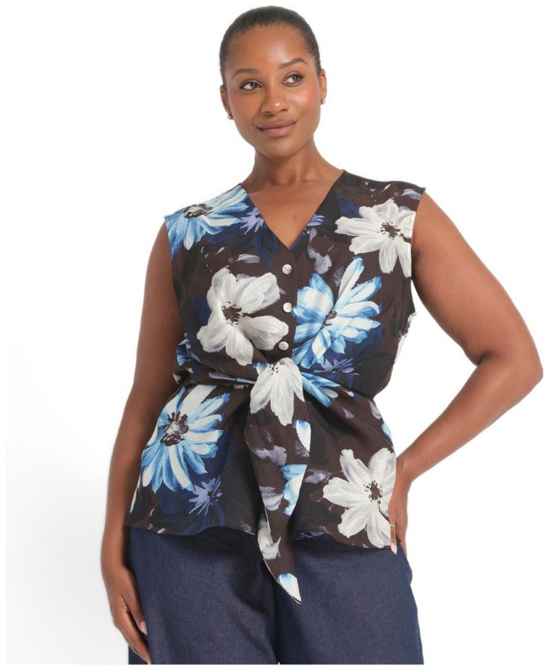 Plus Size Aveline Floral Tie-Front Sleeveless Top