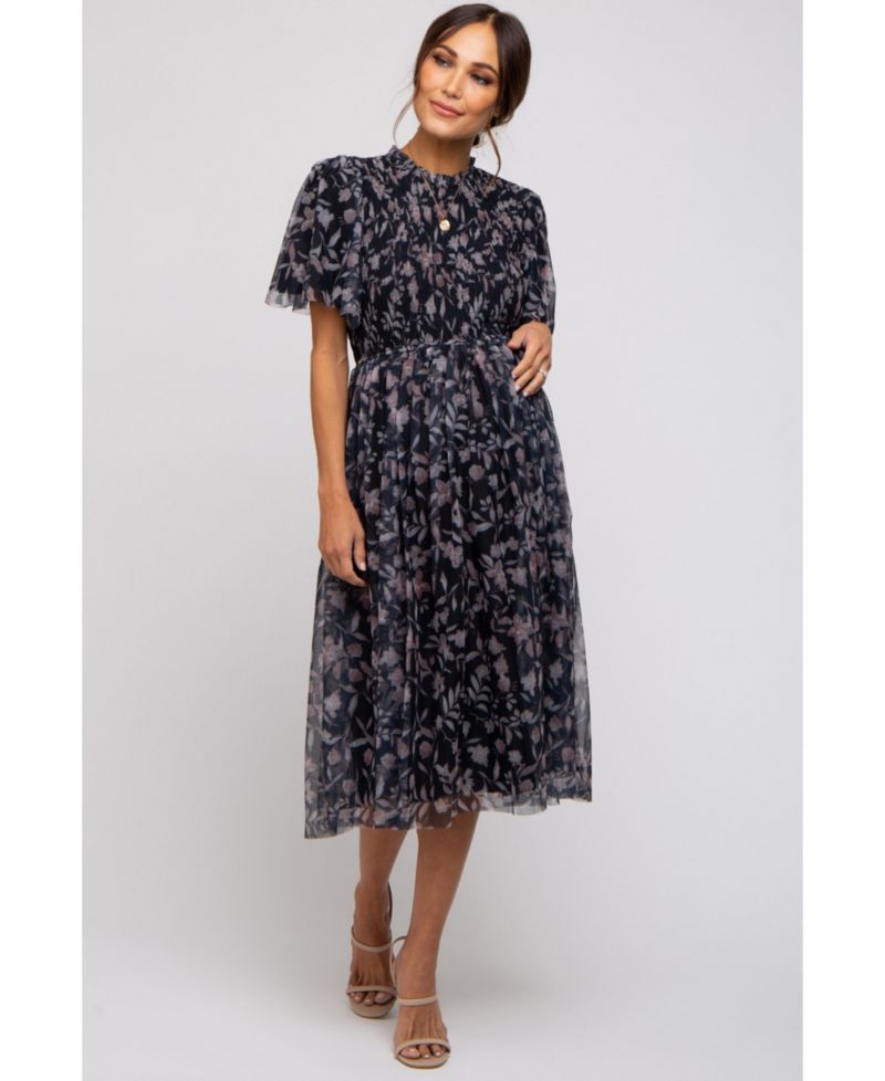 Women's Black Floral Smocked Mesh Knit Midi Dress