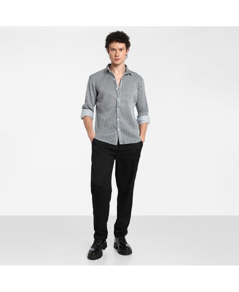 Men's Midnight Black and Powder White Pleat-Creased Shirt
