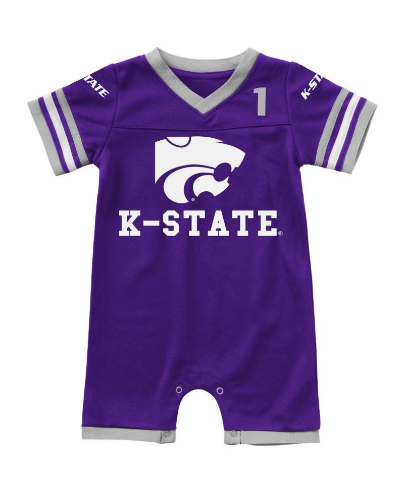 Newborn and Infant Boys and Girls Purple Kansas State Wildcats Bumpo Football Logo Romper