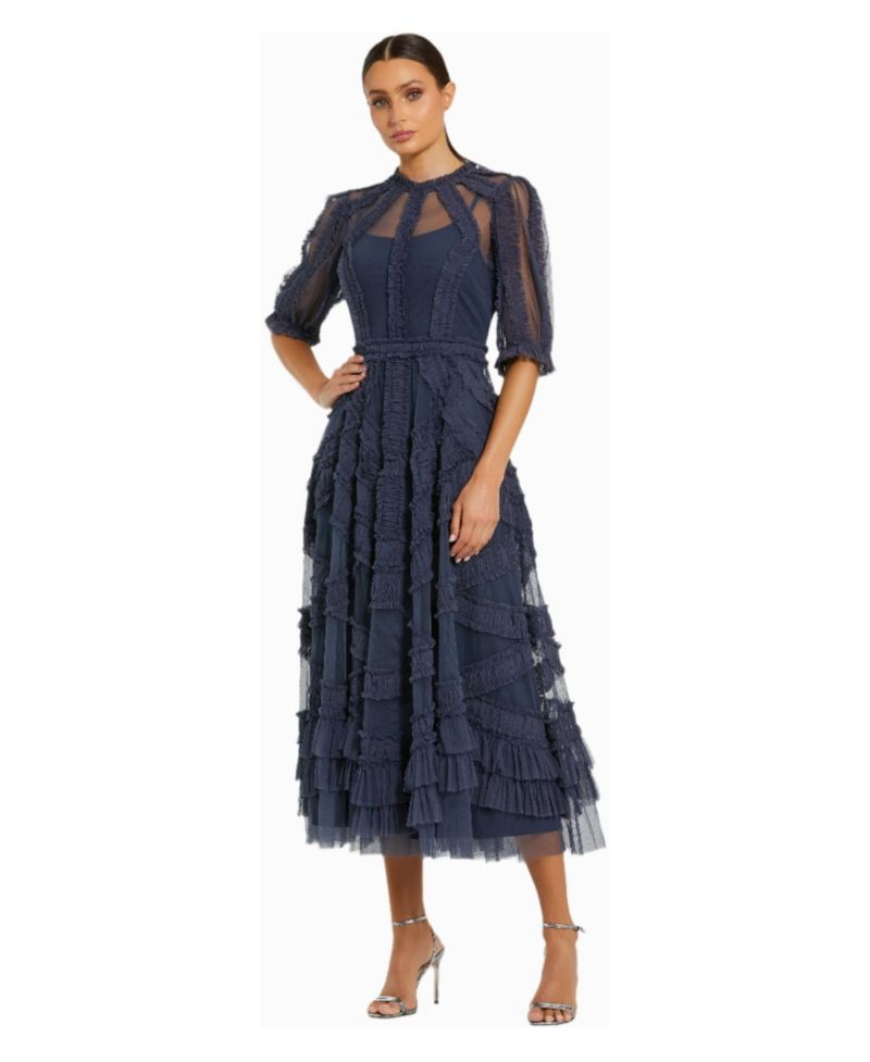 Women's High Neck Puff Sleeve Ruffle Tiered Dress
