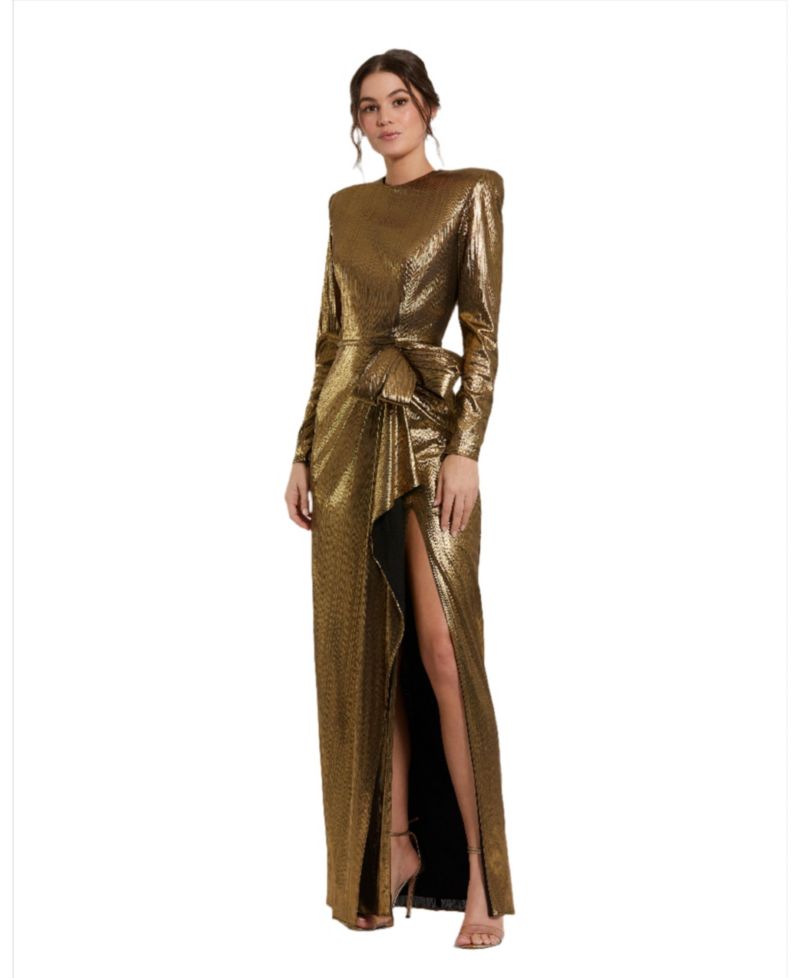 Women's Metallic Jersey Long Sleeve Gown With Bow