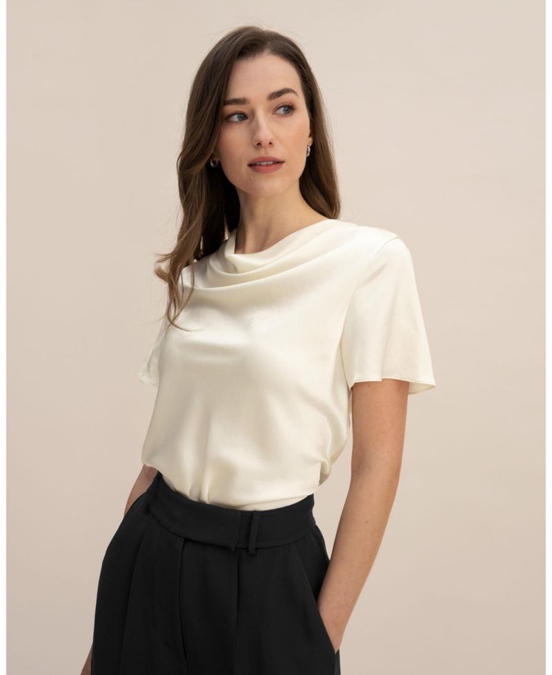 Women's Cowl Neck Short Sleeves Silk T-Shirt