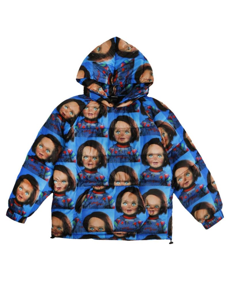Men's Blue Chucky Repeat Puffer Hoodie Full-Zip Jacket