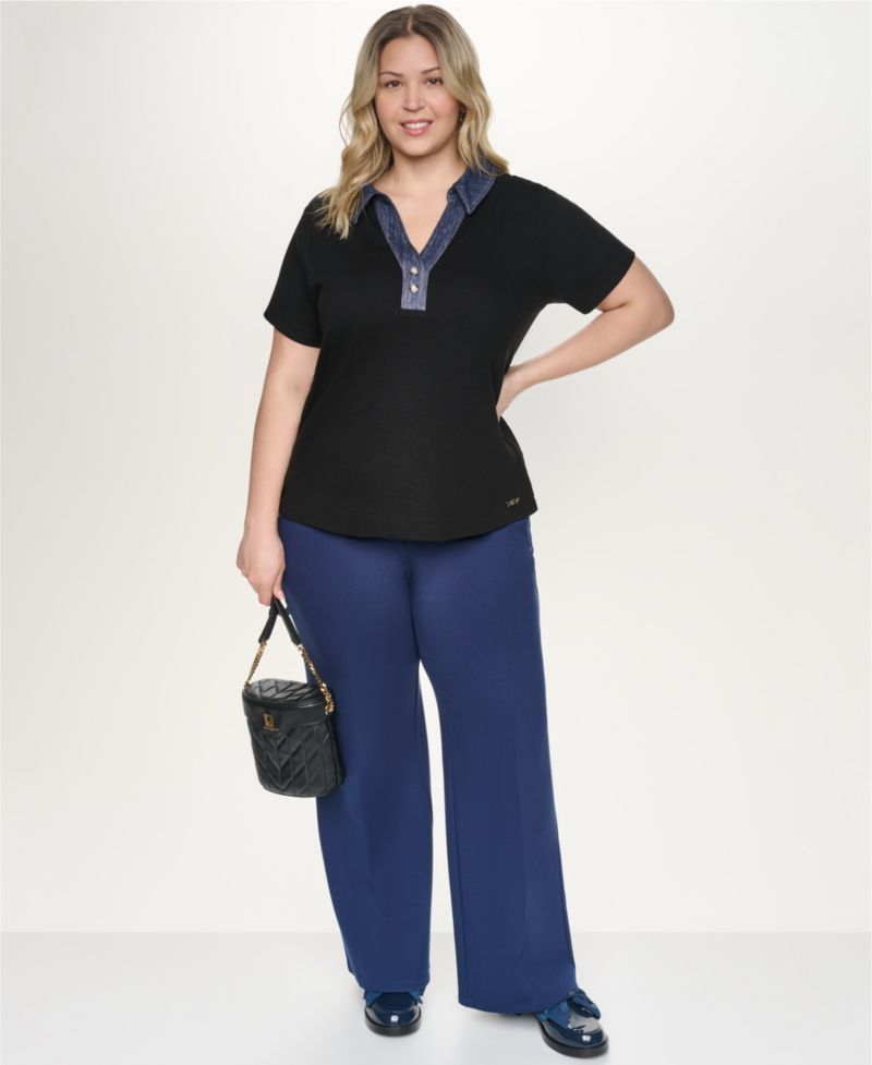 Plus Size Collared Short Sleeve Pull-On Top
