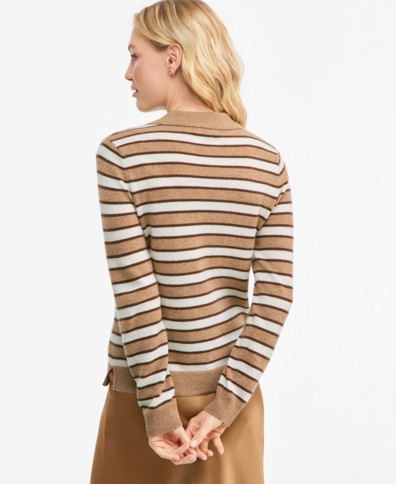 Women's 100% Cashmere Striped Collared V-Neck Sweater