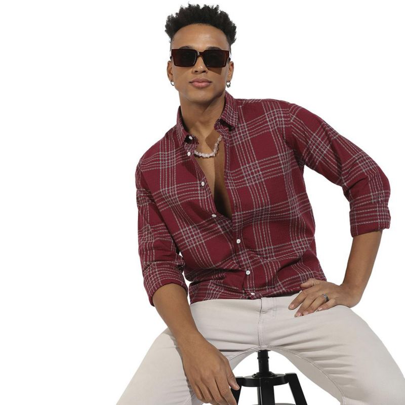 Men's Maroon Red Chalk Tartan Plaid Shirt