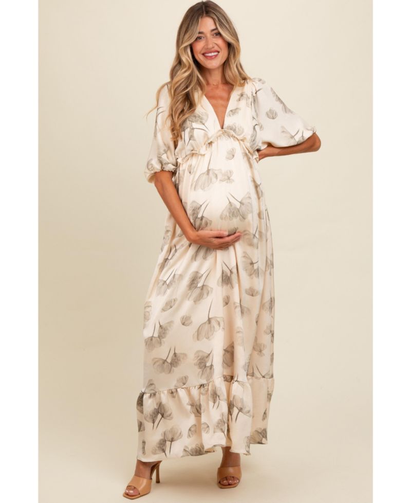 Women's Cream Floral Chiffon Ruffle Accent Maxi Dress