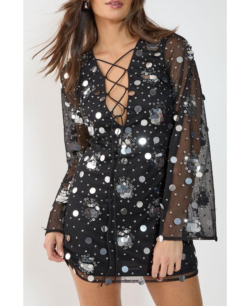 Women's Lace Up Fluted Sleeve Mini Dress