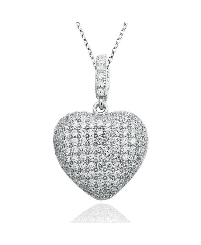 Suzy Levian Sterling Silver Cubic Zirconia Pave Mini Heart Pendant Necklace