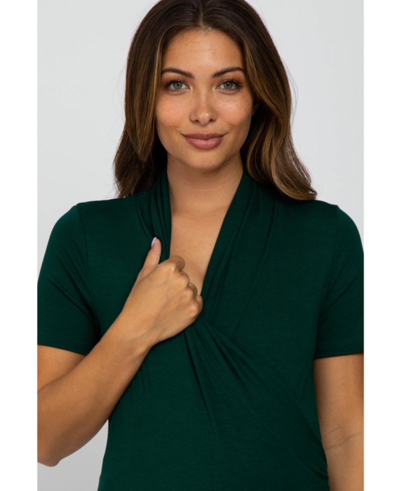 Women's Forest Green Solid Short Sleeve Wrap Front Maternity/Nursing Top