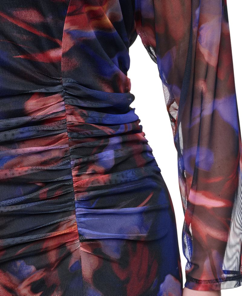 Plus Size Printed Side Ruched Mesh Midi Dress