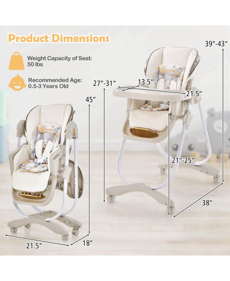 Baby High Chair with Wheel Folding Baby Dining Adjustable Height