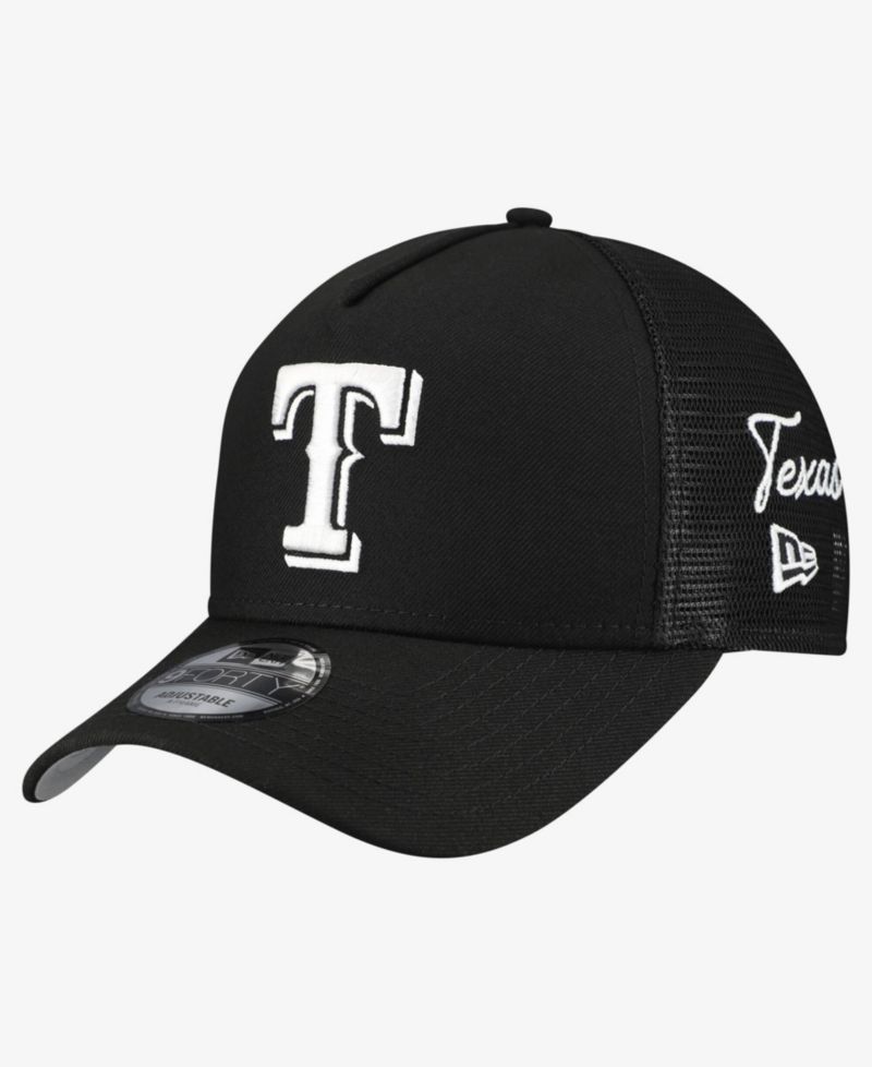 Men's Black Texas Rangers Side Script 9FORTY A-Frame Trucker Adjustable Hat
