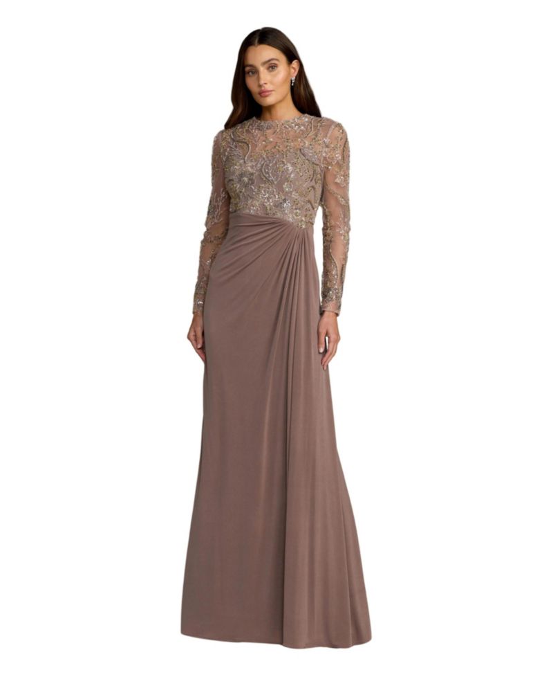 Petite Embroidered Long Sleeve Jersey Evening Gown