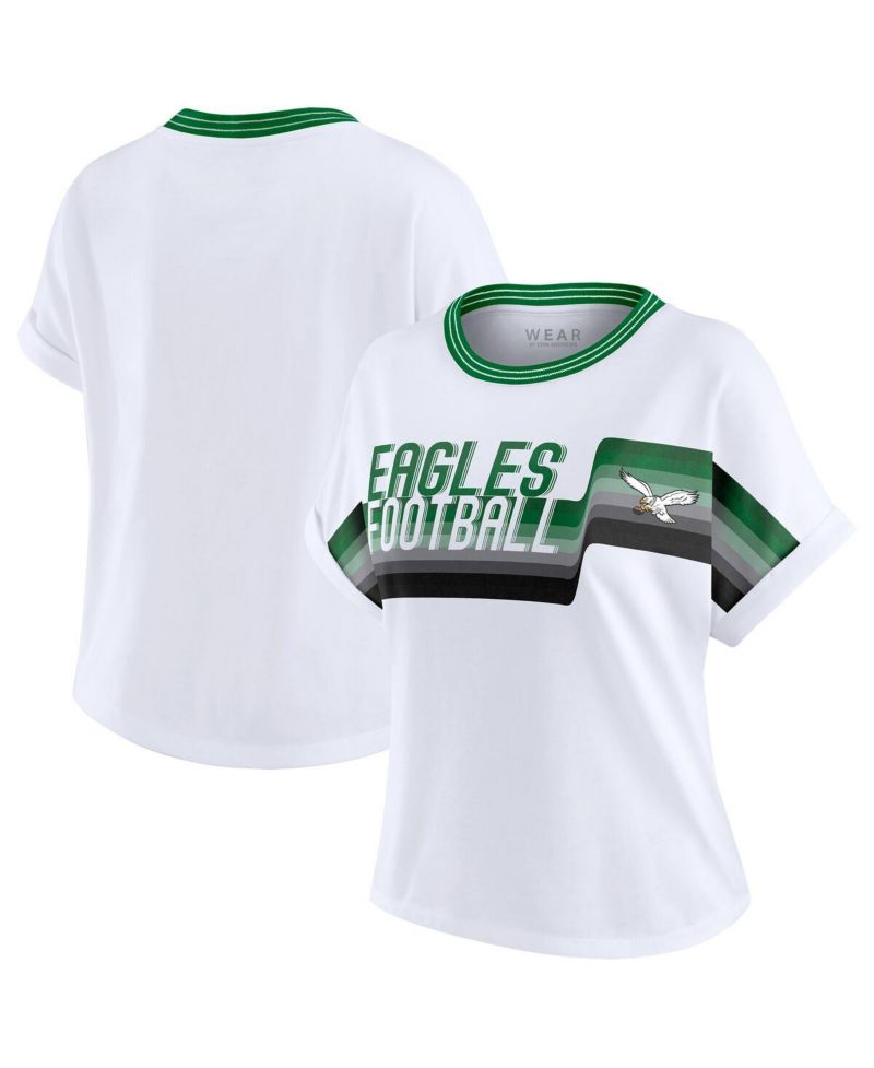 Women's White Philadelphia Eagles Cropped Center Stripe Dolman T-Shirt