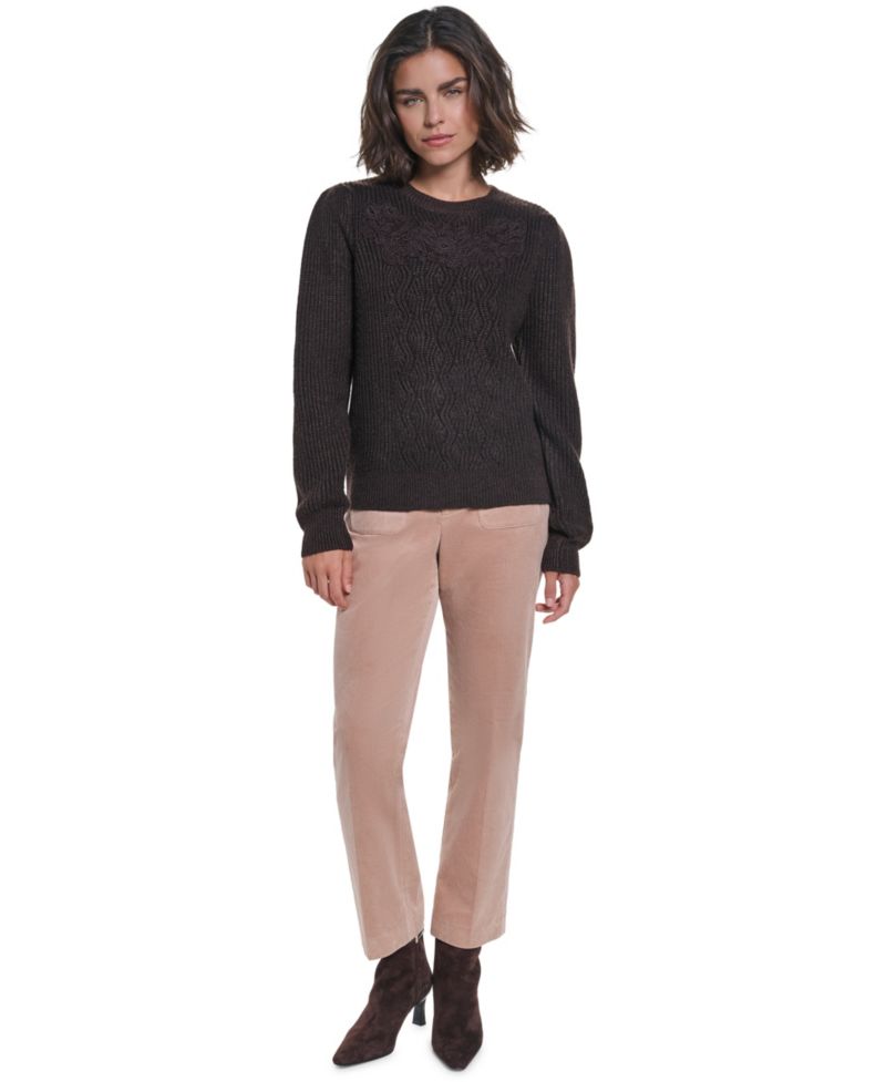 Women's Cable-Knit Floral Lace Applique Sweater