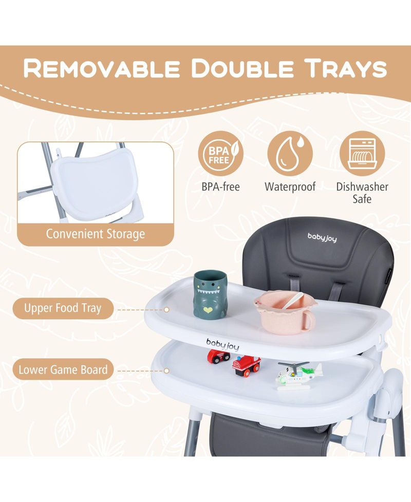 Foldable Baby High Chair with Adjustable Height and Reclining Seat