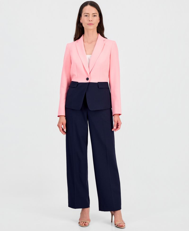 Colorblocked One-Button Peplum Jacket & Fly-Front Wide-Leg Pants Suit