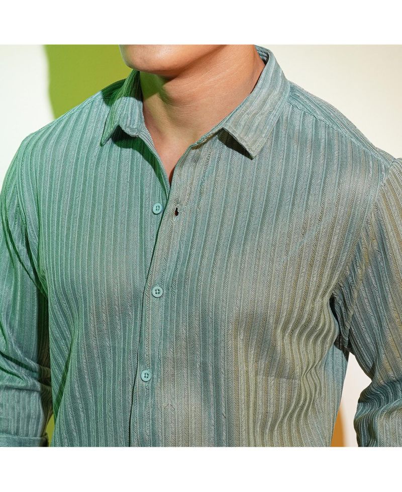 Men's Sea Green Ribbed-Striped Shirt