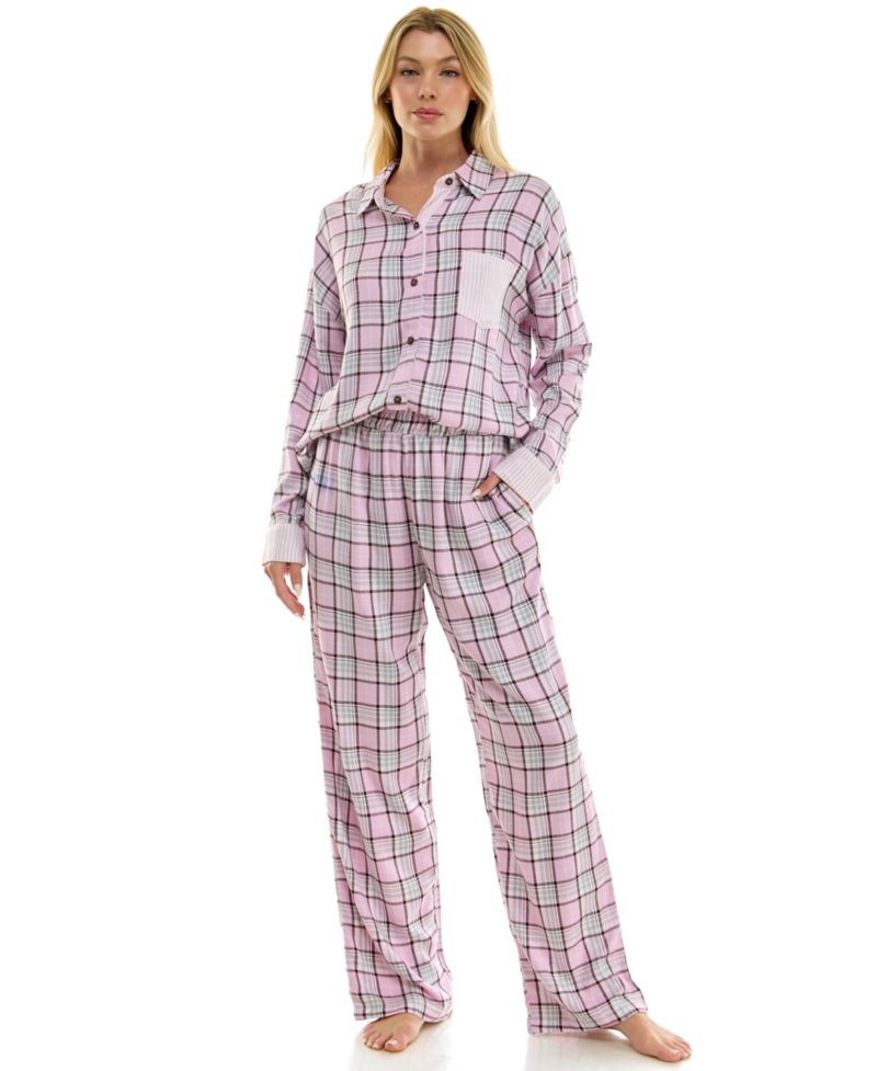 Women's Flannel Collared Long-Sleeve Shirt and Pant Pajama Set