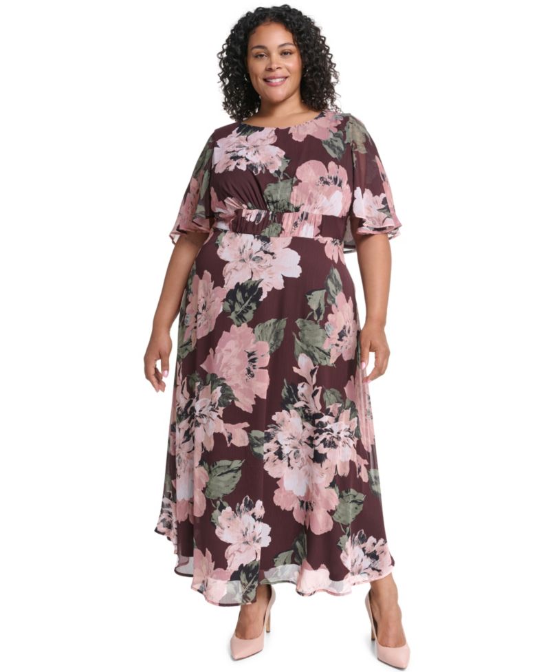 Plus Flutter-Sleeve Floral Chiffon Fit & Flare Dress