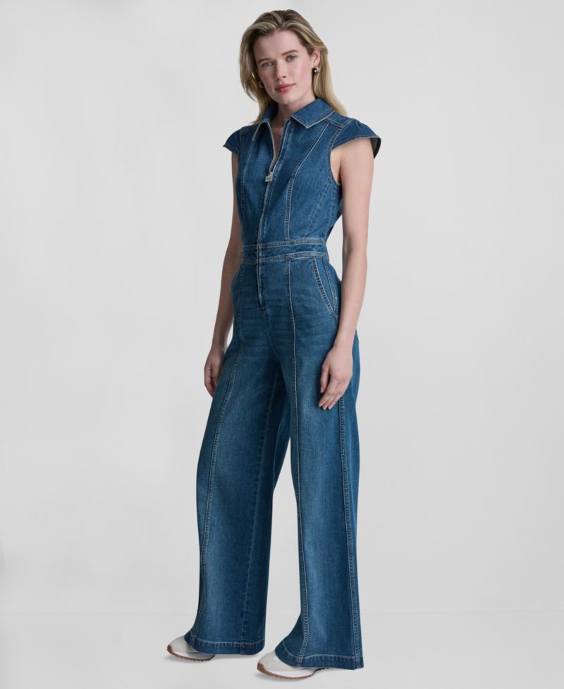 Women's Wide-Leg Cap-Sleeve Denim Jumpsuit