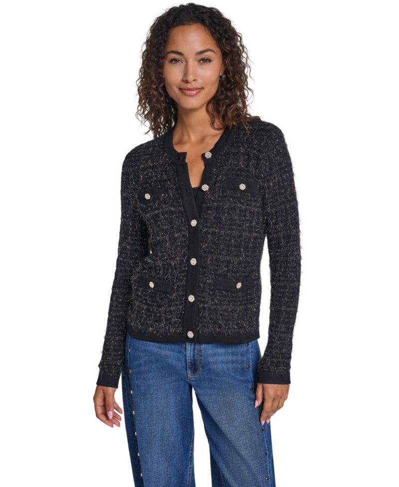 Women's Eyelash-Knit Metallic Crewneck Long-Sleeve Cardigan Sweater