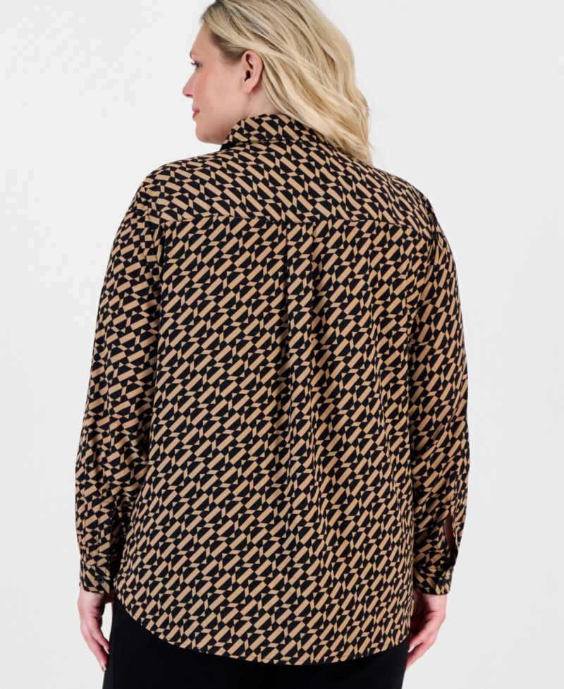Plus Size Geometric-Print Long-Sleeve Shirt