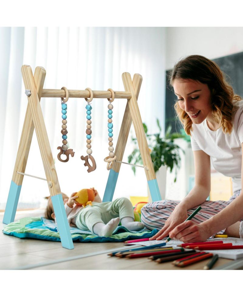 Toddler Wooden Gym with 3 Wooden Teething Toys Hanging Bar
