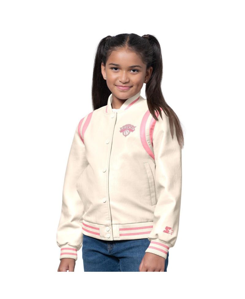Girls Cream/Pink New York Knicks Underdog Leather Varsity Jacket