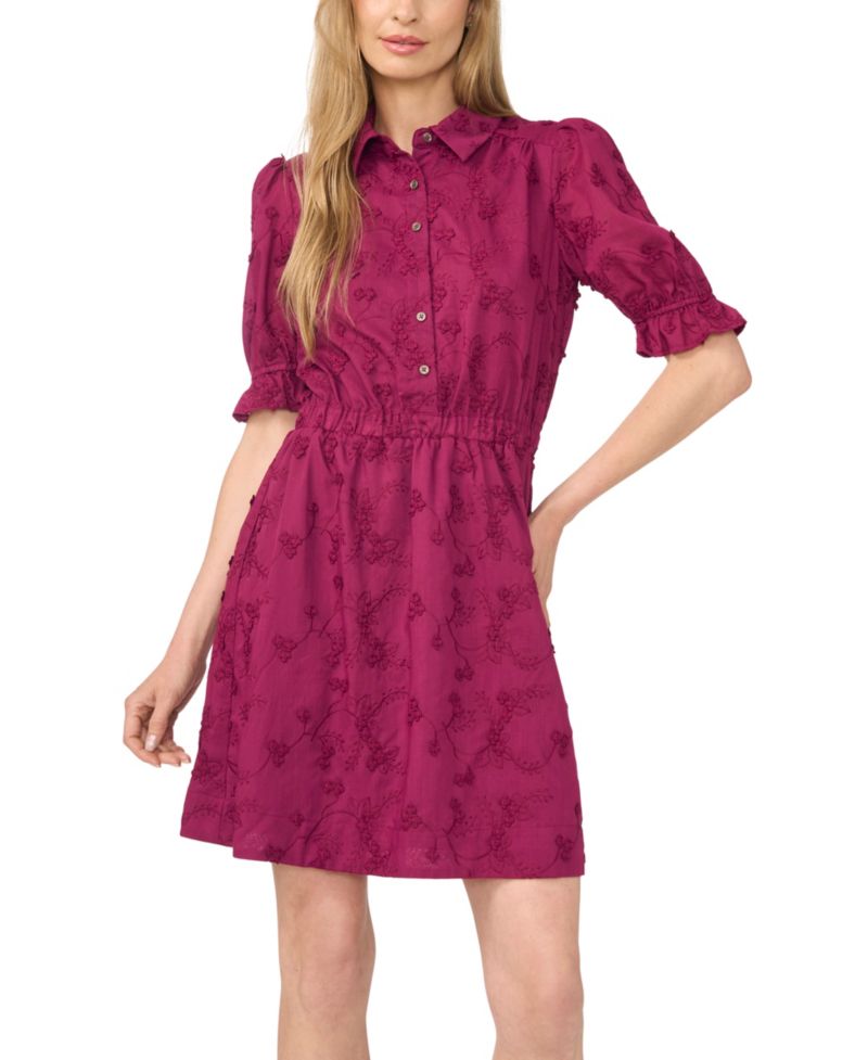 Women's Short-Sleeve Mini Shirt Dress with Elastic Waist