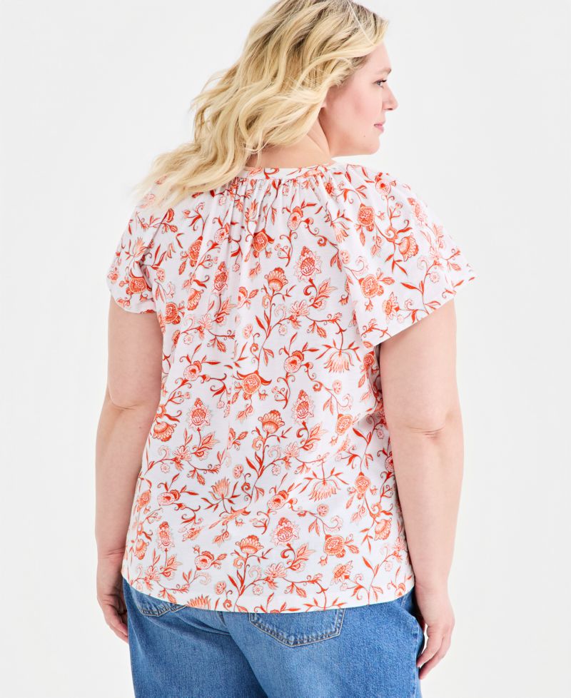 Plus Size Printed Button-Front Flutter-Sleeve Top
