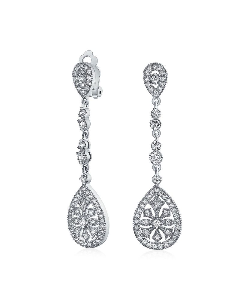 Art Deco Teardrop Rose Gold CZ Chandelier Clip On Earrings Gold Plated