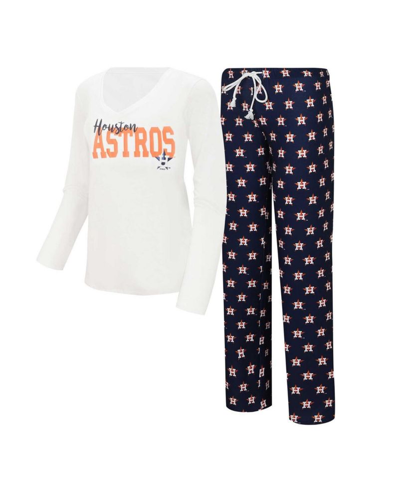 Women's White, Navy Houston Astros Long Sleeve V-Neck T-shirt and Gauge Pants Sleep Set