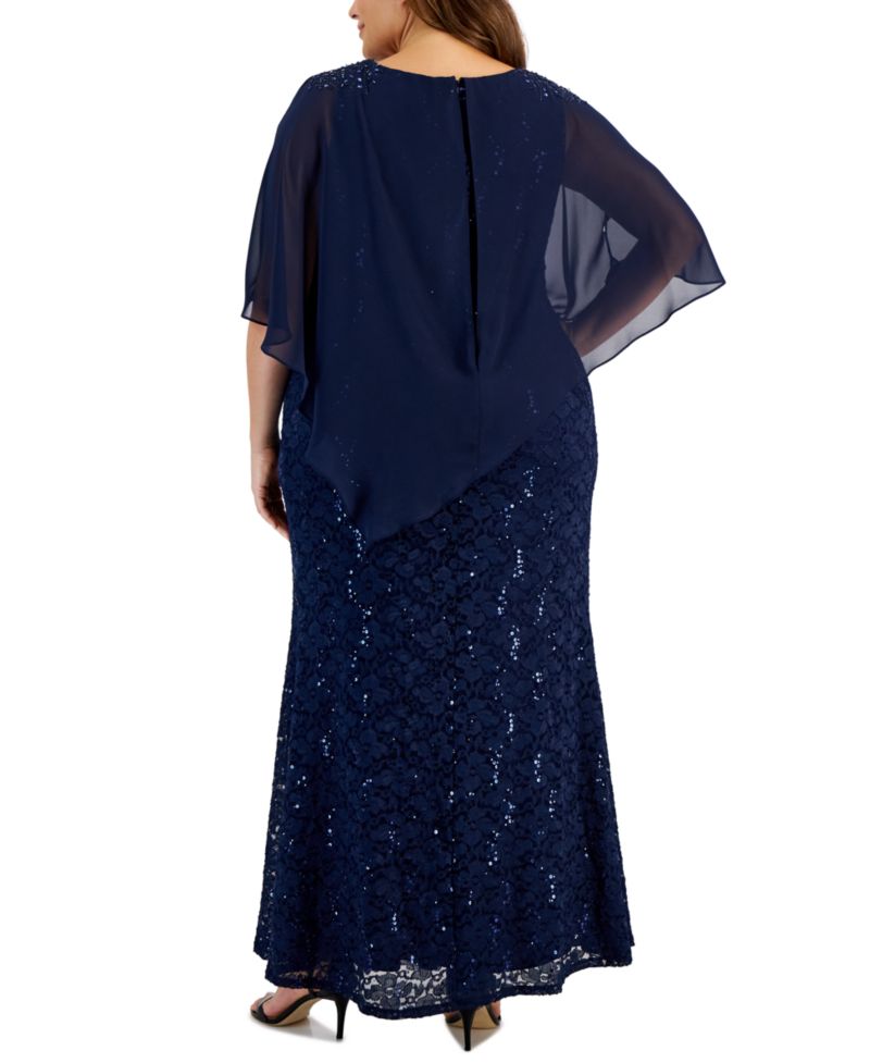 Plus Round-Neck Sequin Lace Cape Dress